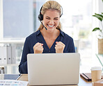 Call center, laptop and winner woman with fist for success, yes and celebration of bonus, sales and profit in telemarketing. Wow, surprise and target, goals or online feedback of consultant promotion