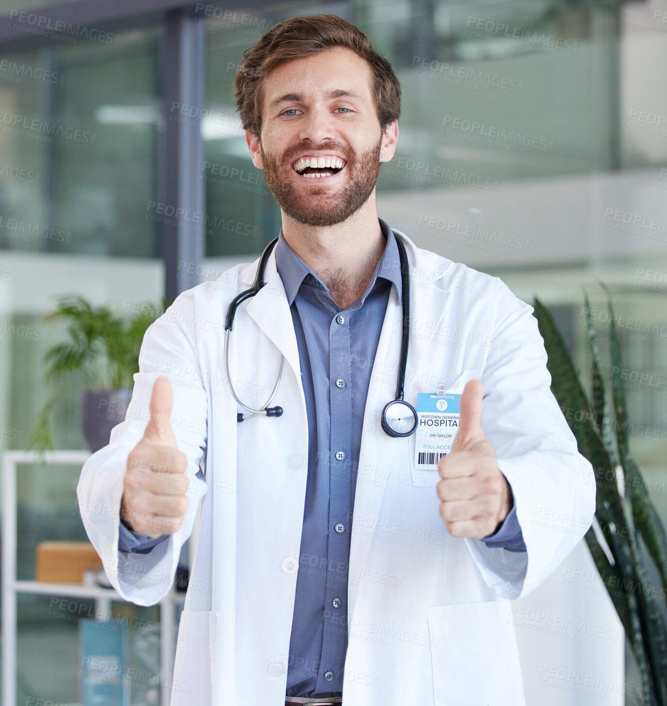 Buy stock photo Thumbs up, healthcare and portrait of doctor success, thank you for support and trust with goal, target and wellness motivation. UK medical worker with like, support or thanks hands sign in hospital