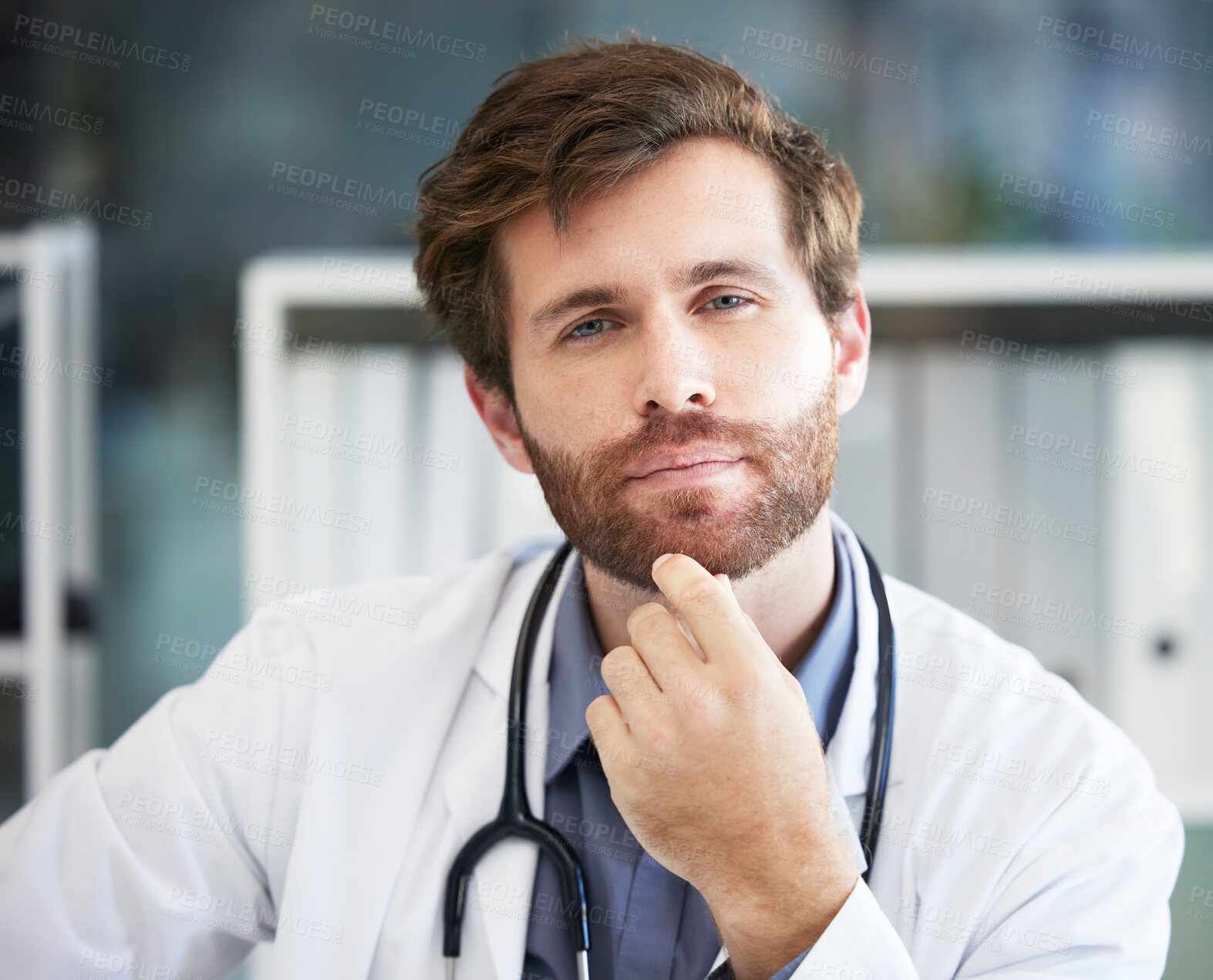 Buy stock photo Portrait, thinking and healthcare with a doctor man sitting in his office of a hospital for consulting or treatment. Face, idea and medical with a male medicine professional in a clinic for care