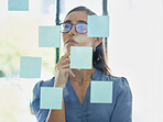 Thinking, sticky note or business woman problem solving with marketing strategy solutions or advertising ideas. Focus, business growth or creative manager with vision planning a development project