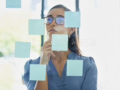 Buy stock photo Thinking, sticky note or business woman problem solving with marketing strategy solutions or advertising ideas. Focus, business growth or creative manager with vision planning a development project