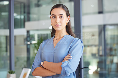 Buy stock photo Face, leadership and business woman with arms crossed in office ready for targets or goals. Ceo, boss and portrait of proud female entrepreneur from Canada with vision, mission and success mindset