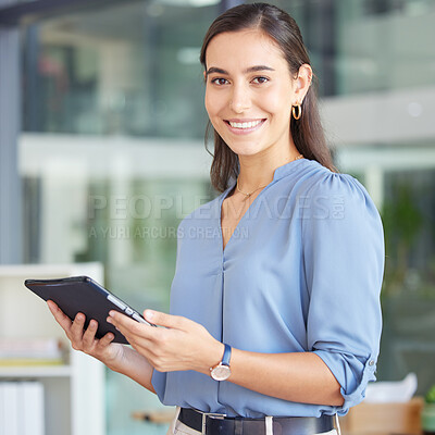 Buy stock photo Tablet, office and business woman in portrait for website management, Human Resources innovation and recruitment software. HR worker with digital technology for workflow, time management and hiring