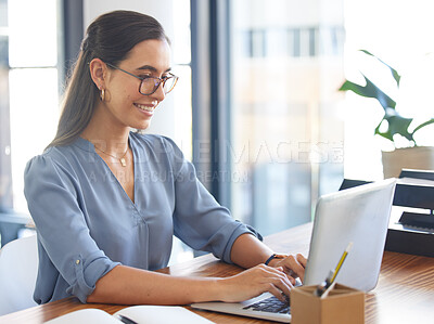 Buy stock photo Business woman, laptop and typing report or copywriting with copywriter, creative and working at desk. Internet, digital marketing and seo with happy woman writing, office and marketing agency