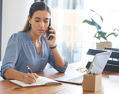 Buy stock photo Business, woman writing and phone call in office, conversation or confirm schedule. Female employee, assistant or administrator make notes, cellphone for connection or planning for marketing calendar