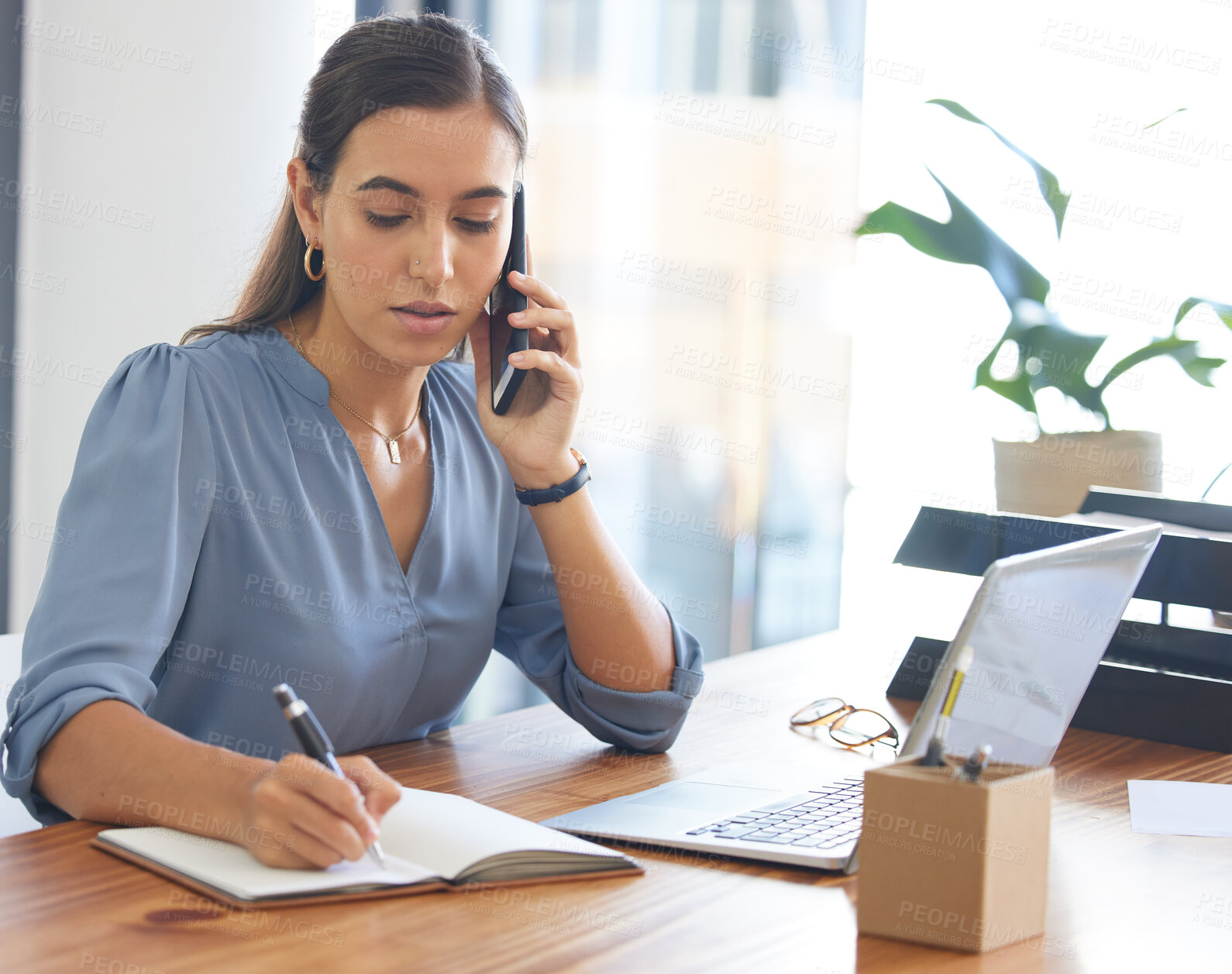 Buy stock photo Business, woman writing and phone call in office, conversation or confirm schedule. Female employee, assistant or administrator make notes, cellphone for connection or planning for marketing calendar