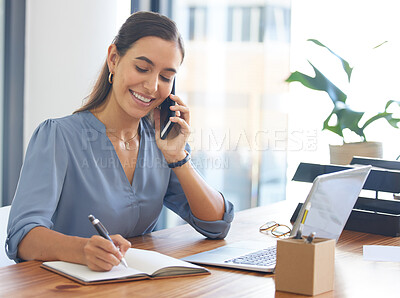 Buy stock photo Phone call, happy or business woman writing in notebook in office planning creative strategy or idea. Smile, success or employee with smartphone for communication, networking or startup discussion 
