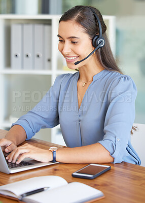 Buy stock photo Telemarketing, call center and woman typing on laptop for technical support, crm consulting and help desk communication. Contact us, email and happy customer service worker with pc for online service