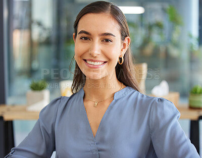 Buy stock photo Happy, portrait or business woman in office building with career goals, success mindset or motivation and smiles with pride. Face, worker or hr manager with a mission, vision or leadership experience