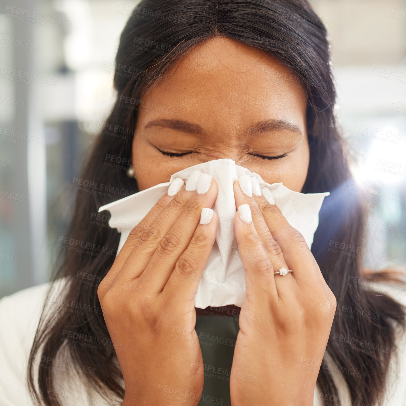 Buy stock photo Woman, sneeze and tissue for flu, covid and safety in workplace with hands on face for health by blurred background. Corporate black woman, office and sick with toilet paper, nose and covid 19 virus