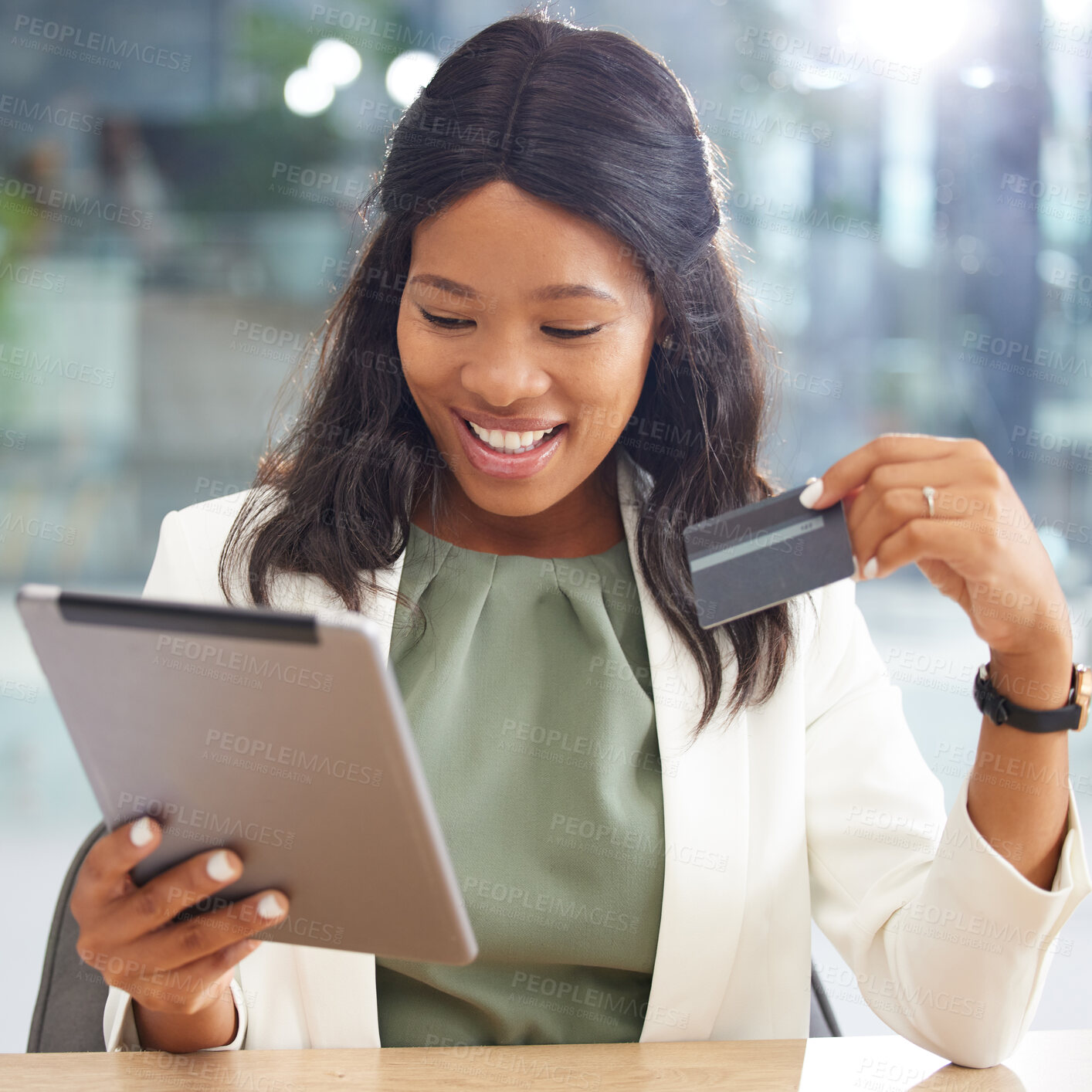 Buy stock photo Black woman, credit card and online shopping on tablet in office. Ecommerce, technology and happy female entrepreneur with touchscreen and debit card for online banking, product payment or investment