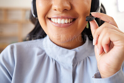 Buy stock photo Mouth, contact us or woman in a call center with a microphone networking, talking or speaking to client online. Smile, zoom or happy sales agent in communication or conversation about insurance deal