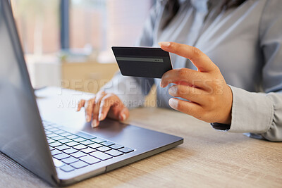 Buy stock photo Credit card, laptop and finance with hands of woman for payment, online shopping and budget. Ecommerce, fintech and password with girl customer and banking for investment, website and internet