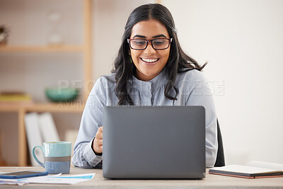 Buy stock photo Email, research and business woman with a laptop for a website, internet networking and reading information. Planning, corporate connection and worker with a smile for online feedback on a computer
