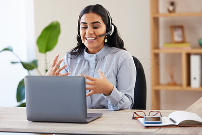 Buy stock photo Video call, laptop and seminar with a business indian woman meeting online while sitting in her office at work. Remote work, headset and communication with a female employee talking in a webinar