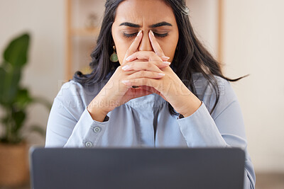 Buy stock photo Corporate woman, laptop and headache with stress, anxiety and tired at desk in web design workplace. Executive leader, manager and burnout with computer in modern office workspace in San Francisco