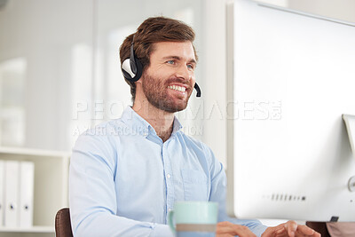 Buy stock photo Call center, computer and businessman with smile for virtual support, communication and software help in information technology office. Happy corporate worker with technology for telemarketing sales