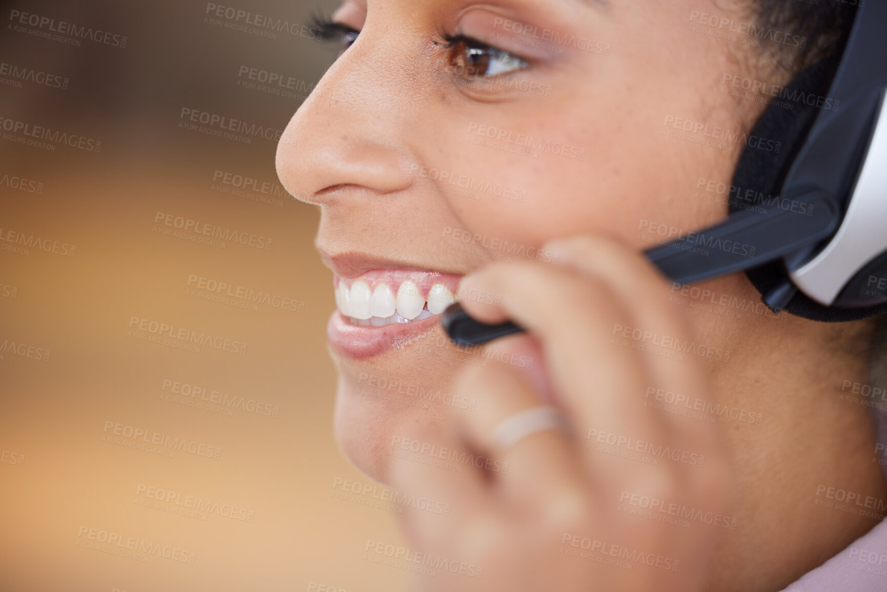 Buy stock photo Call center, consulting and communication with business woman for telemarketing, customer service and contact us. Sales, crm and technical support with black woman in help desk agency for networking 