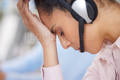 Buy stock photo Call center, headache and woman with stress from telemarketing, customer service and communication burnout. Depression, anxiety and customer support employee tired from work in technical support