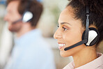 Call center, consulting and communication with business woman for telemarketing, customer service and contact us. Sales, crm and technical support with black woman in help desk agency for networking 