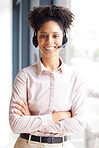 Call center, smile and portrait of black woman in customer service, telecom consultant and technical support. Happy female sales agent, advisory and telemarketing help for customer support questions 