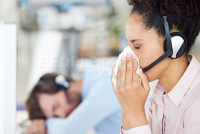 Buy stock photo Customer service, call center and sick woman blowing nose in office workplace. Covid, cold and black female telemarketing employee, sales agent or consultant with tissue for flu, corona or covid 19.