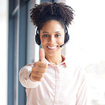 Thumbs up, call center and woman in business portrait success for telemarketing sales, goals and target with like or yes. Contact us, thank you hand sign and customer service or online support agent