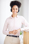 Call center, smile and portrait of black woman in customer service, telecom consultant and technical support. Happy female sales agent, advisory and telemarketing help for customer support questions 