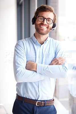 Buy stock photo Customer support communication, window and portrait of consultant working at contact us CRM job. Ecommerce customer service, telecom microphone and relax man consulting for telemarketing call center