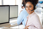 Call center, computer and mockup with business woman in office for customer service, technical support or consulting. Technology, digital and website with black woman advisor. in for help desk agency