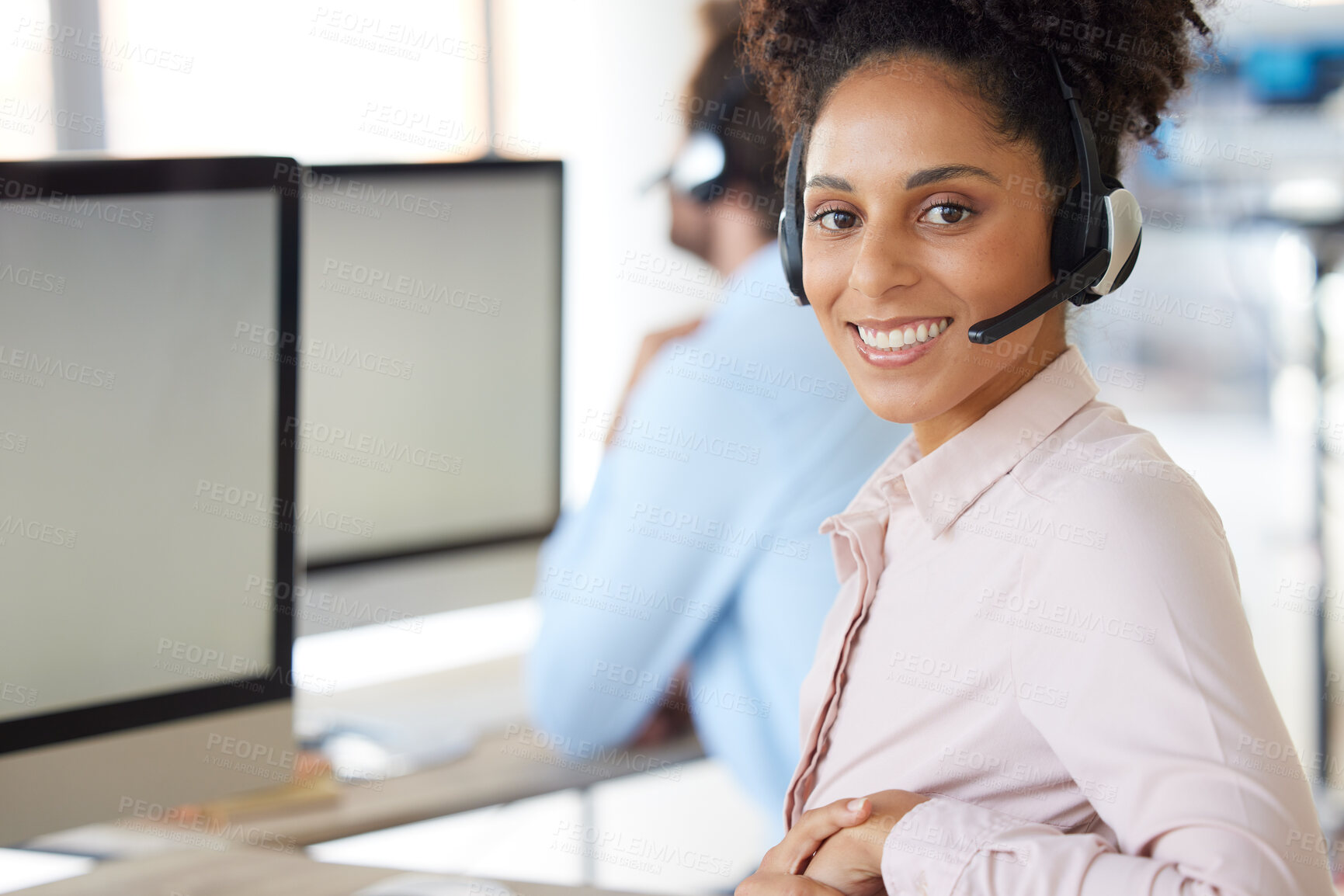 Buy stock photo Call center, computer and portrait of business woman in office for customer service, technical support or consulting. Technology, mockup and website with black woman advisor for help desk agency