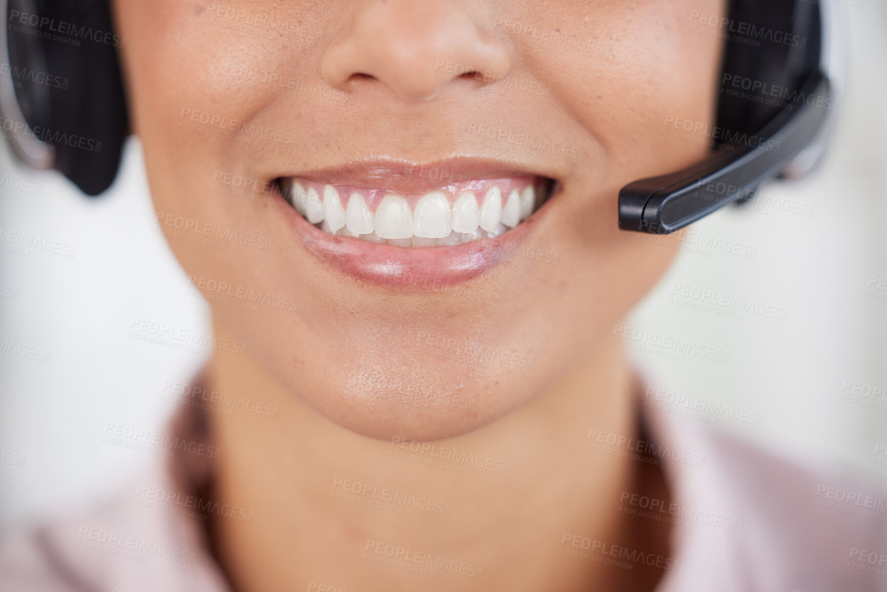 Buy stock photo Call center, customer service and mouth with a black woman consultant working in telemarketing or sales. Contact us, teeth and headset with a female consulting in an office for crm, support or help