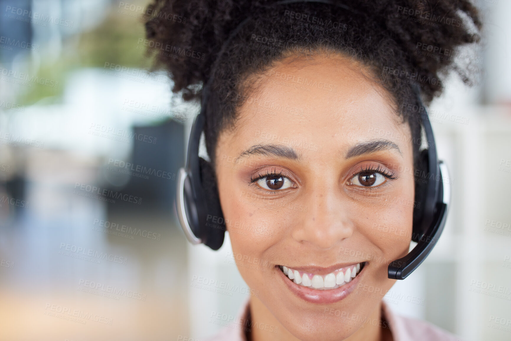 Buy stock photo Black woman, telemarketing portrait and happiness in call center office, customer support or crm consultant smile. Happy employee, customer service and african woman face or consulting confidence