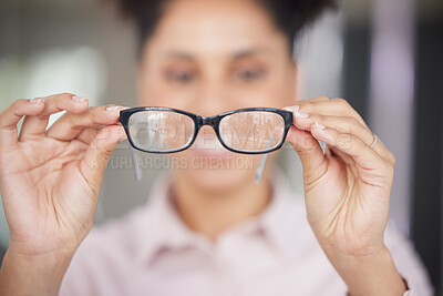 Buy stock photo Glasses, vision and hands with a black woman customer in an eyewear store for prescription lenses. Fashion, retail and spectacles with a female consumer buying a frame for eyesight at an optometrist