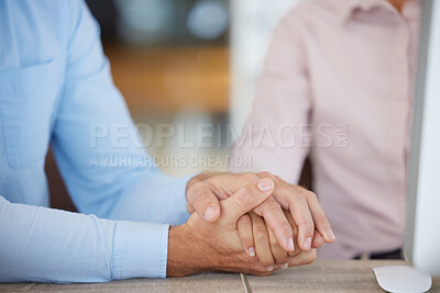 Buy stock photo Support, trust and couple holding hands in office for unity, union or comfort. Empathy, love or care of business people, man and woman together for teamwork, collaboration and solidarity in workplace