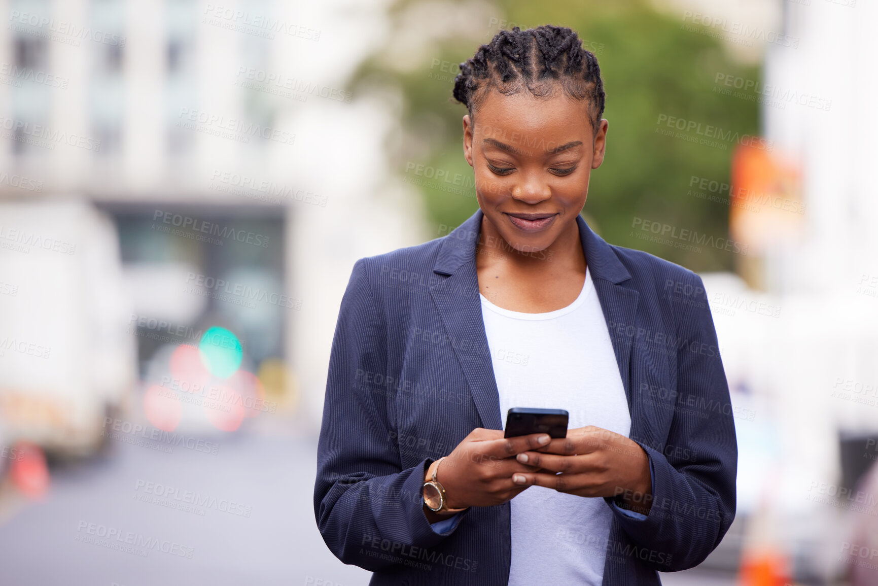 Buy stock photo Black woman, phone and app communication on travel commute with online networking and social media check. Corporate worker on mobile internet break reading news with happy smile in urban town.