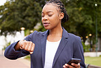 Black woman, phone and time management for business schedule while outdoor with a watch at a park waiting for a meeting or taxi. Professional entrepreneur late and worried while walking in a city