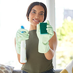 Woman cleaner, cleaning with chemical and sponge in portrait and cleaning service, house work and housekeeper with smile. Clean, product in hands with spring cleaning and housekeeping hygiene