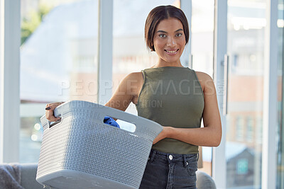 Buy stock photo Laundry, basket and portrait of black woman with clean fabric clothes at home. Happy female cleaner, container and washing textile linen, spring cleaning and housekeeping maintenance in apartment 