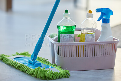 Buy stock photo Cleaning, product and basket with mop, bottle and spray for cleaning services, wellness or chemical disinfection. Closeup of spring cleaning supplies, container and tools to dust house, floor or home