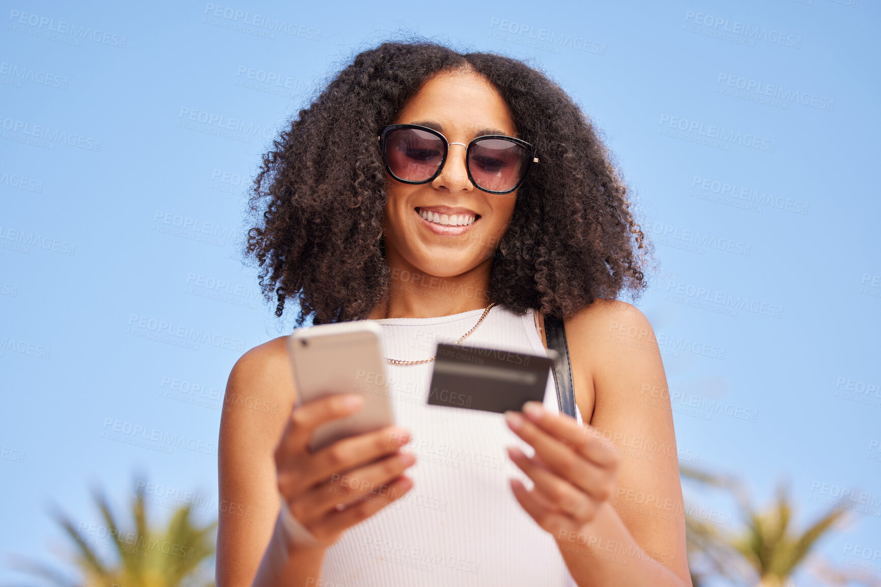 Buy stock photo Brazil, phone or woman with credit card for online shopping payment, fintech or ecommerce app outdoor. Happy, mobile or girl with smile for digital banking, website store purchase or internet trading