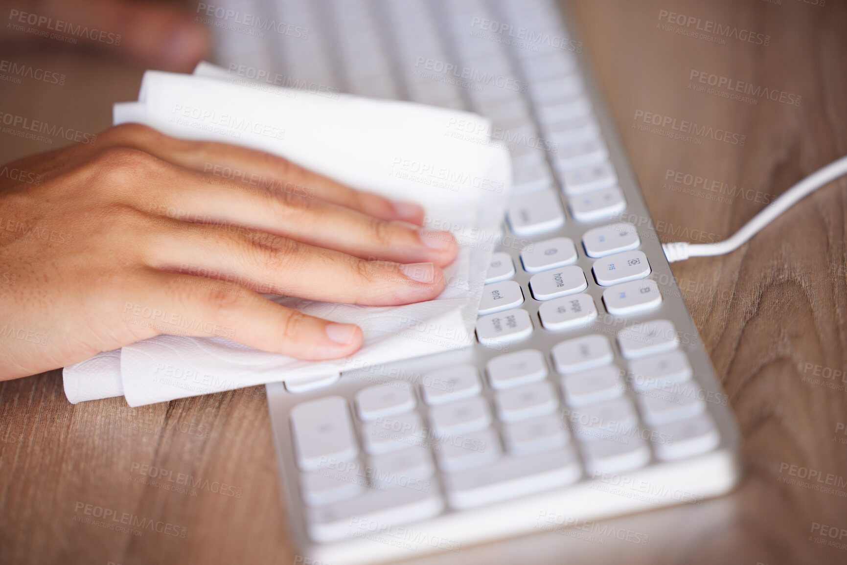 Buy stock photo Keyboard, cleaning and hands wipe with cloth for hygiene, dust or bacteria removal. Cleaning service, spring cleaning or cleaner with antibacterial wipes to stop spread of covid on desktop technology