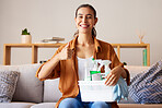 Woman, portrait and thumbs up for home, cleaning and housekeeping with container of product tools. Happy cleaner, maid and thumb up review for good service, hand emoji and disinfection maintenance 