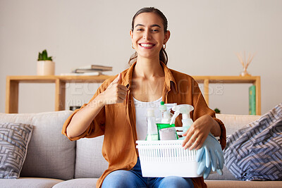 Buy stock photo Woman, portrait and thumbs up for home, cleaning and housekeeping with container of product tools. Happy cleaner, maid and thumb up review for good service, hand emoji and disinfection maintenance 