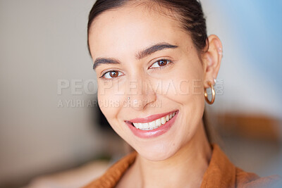 Buy stock photo Portrait, face and beauty with a woman, happy indoors with her cosmetic skincare products or routine. Teeth, makeup and smile with an attractive young female posing inside with natural glowing skin