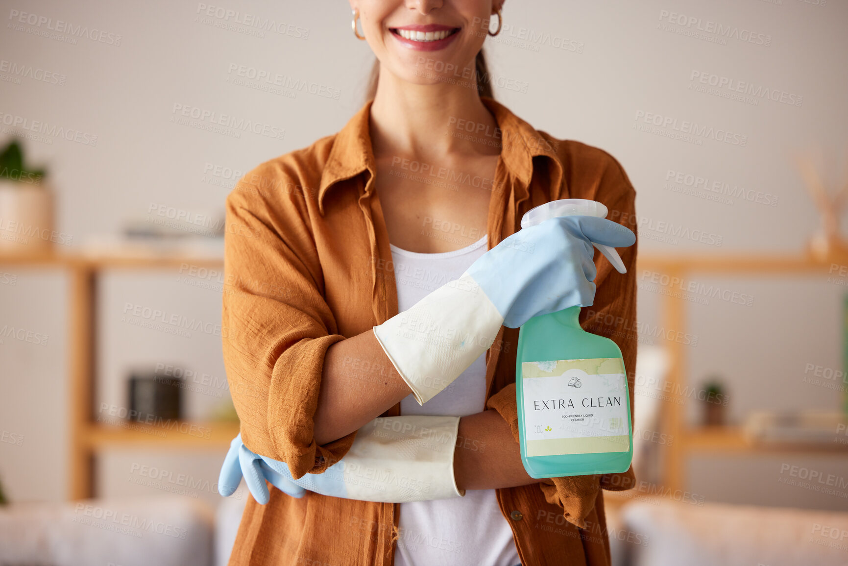 Buy stock photo Spring cleaning, hands and bottle with chemical spray, eco friendly products and disinfection of bacteria, dirt and household maintenance. Closeup cleaner, cleaning service and liquid detergent soap