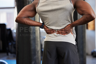 Black man, fitness or back pain in gym workout, exercise or training and body anatomy crisis, muscle burnout or spinal tension. Sports athlete, personal trainer or coach with injury or health problem