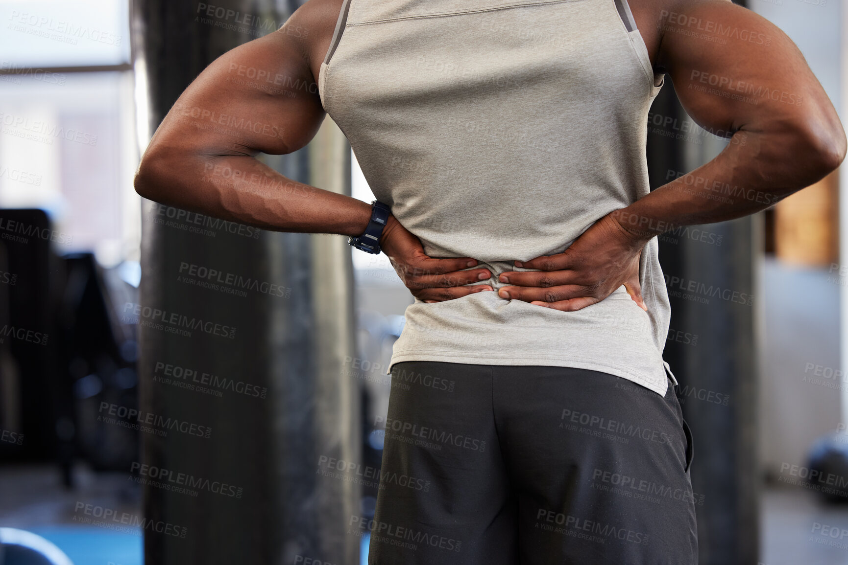 Buy stock photo Black man, fitness or back pain in gym workout, exercise or training and body anatomy crisis, muscle burnout or spinal tension. Sports athlete, personal trainer or coach with injury or health problem