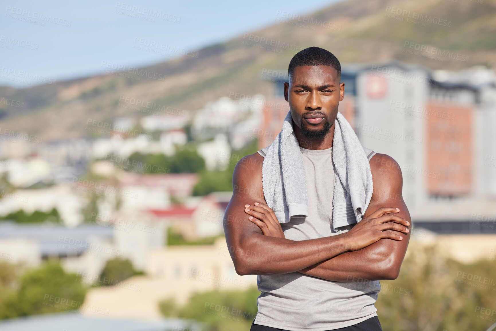 Buy stock photo Fitness, running and sweat with portrait of black man in city for training, workout and sports endurance. Goal, cardio and relax with runner and arms crossed for stamina, jogging and performance