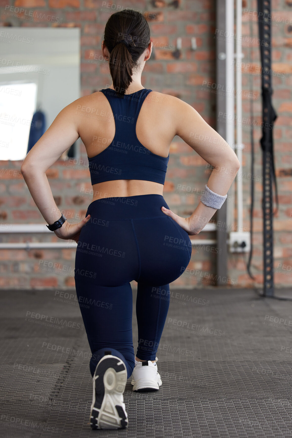 Buy stock photo Woman, stretching legs and workout in gym for health, self care and muscle development on floor. Girl, fitness and exercise with lunge, balance or healthy with focus, body goals and vision in Toronto